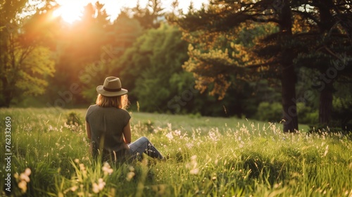 Woman enjoying sunset in tranquil forest meadow