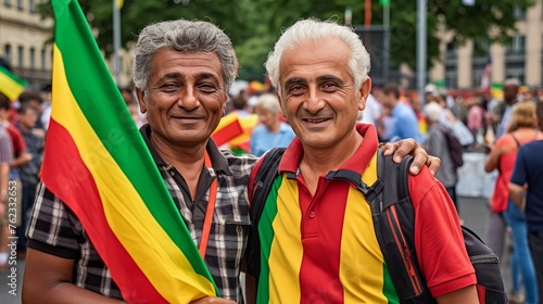 Happy smiling LGBT Spanish male couple, parade, pride day, rainbow flag, concept of equal, banner