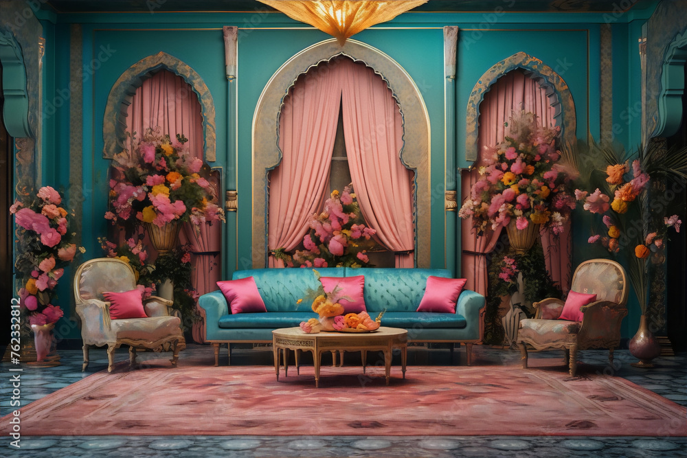 3D rendering of a living room with pink and blue accents, and floral arrangements.