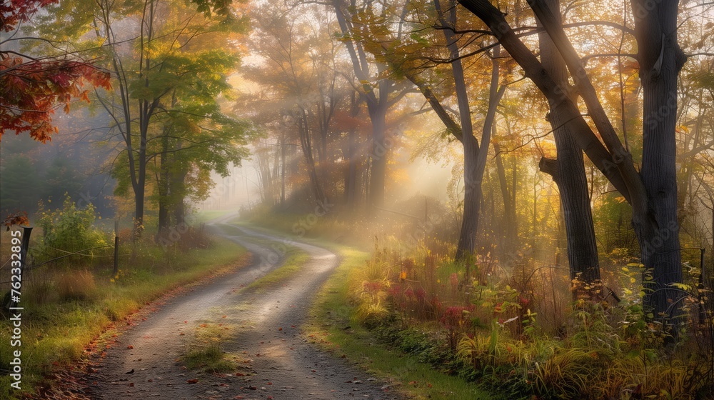Serene autumn landscape with a winding path at sunrise