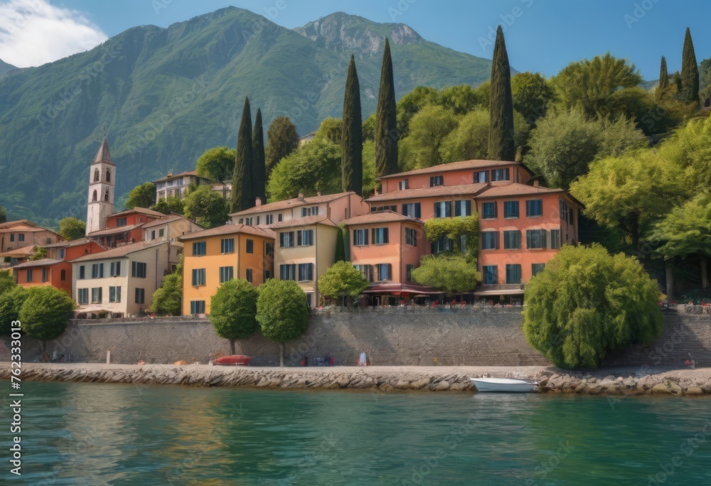 Scenic view of colorful houses by the lake surrounded by green hills under blue sky