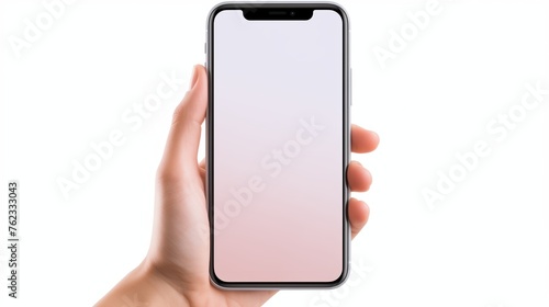 Womens hand showing smartphone on white screen for copy space banner.