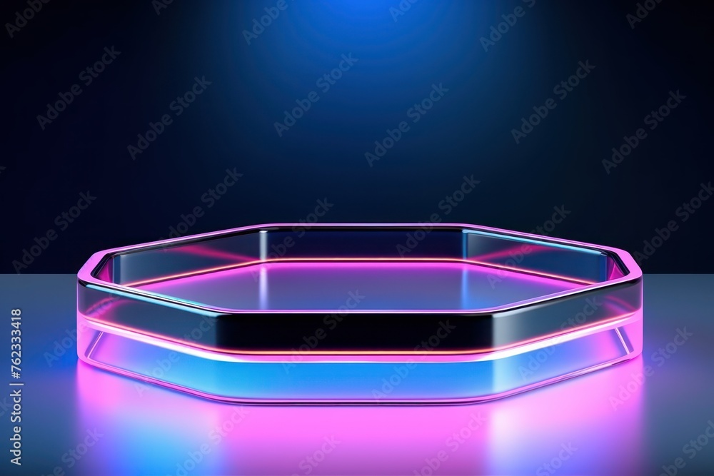 product display podium on holographic neon background product display podium on holographic neon background