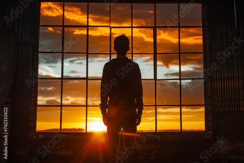 Silhouette of an individual stands before a sunset, framed by the geometry of a window.