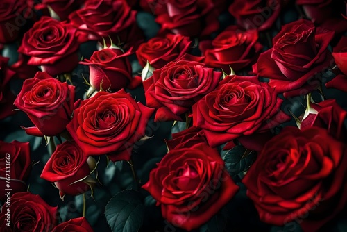 A close-up of vibrant red roses  captured in breathtaking