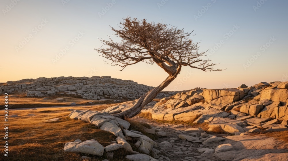 Wind sculpted tree on hillside epitomizing the essence of untamed nature and wilderness