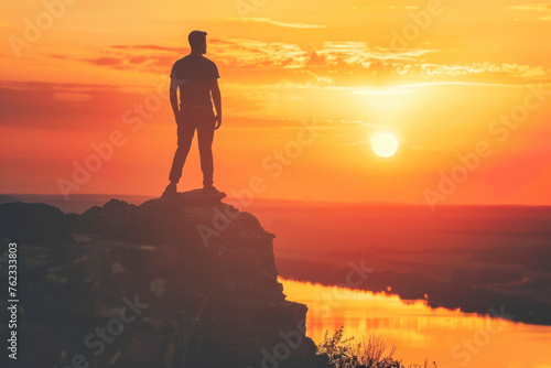 Man standing on rock looking straight. Nature and beauty concept. silhouette at sunset.