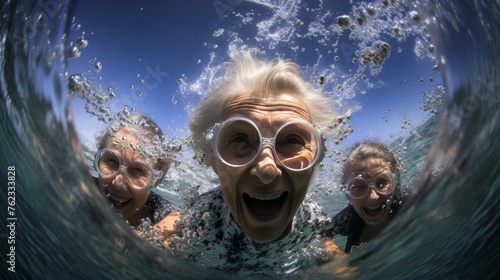 Group of happy and funny elderly woman doing aqua fitness, happy old age, health concept, banner © Anzhela