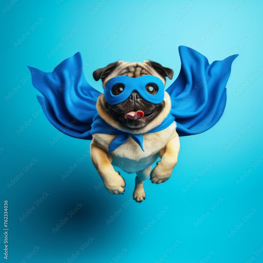 Funny Super Pug dog wearing blue Funny Super Pug dog wearing blue