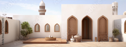 3d illustration of a middle eastern courtyard with a wooden deck, plants, and traditional arabic architecture photo