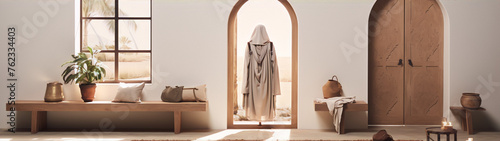 3D rendering of a middle eastern dwelling with a hooded figure in the doorway