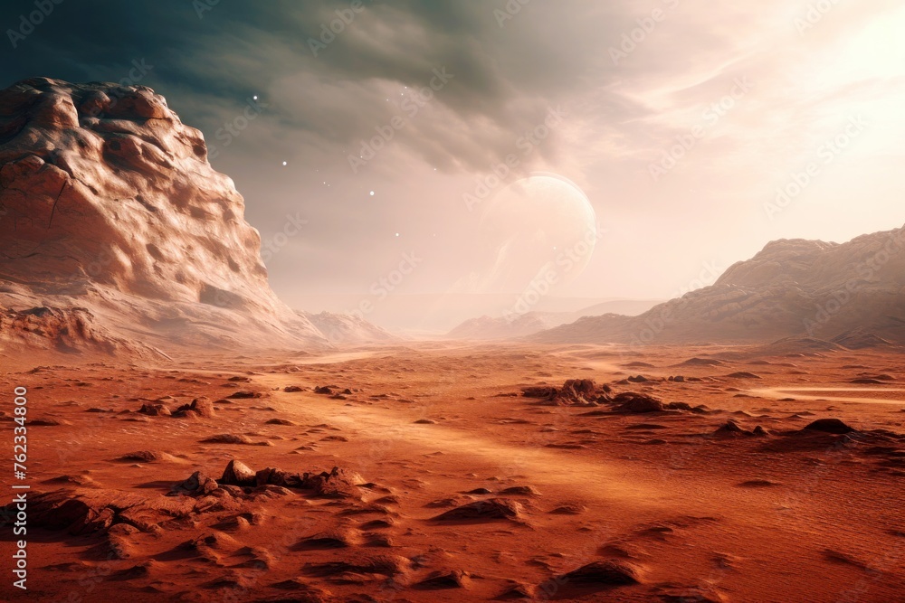 Fantastic landscape of an alien planet with rocks, ponds and other planets. Can be used for computer games, posters