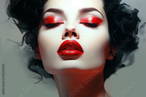 Bold Red sexy lips art. White woman face. Generate AI