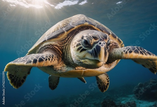 A magnificent giant golden sea turtle spreads its paws and swims in the blue depths of the sea