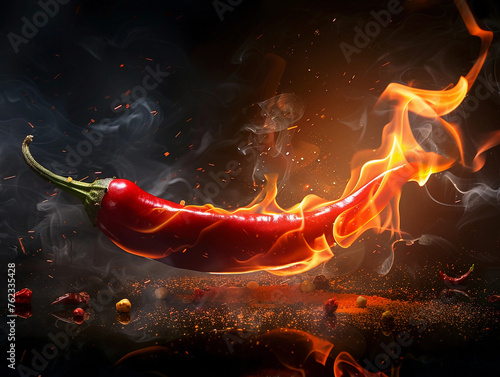 Dark black background with red hot chilli pepper ablaze, creative fiery wallpaper 