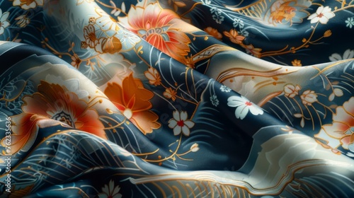 Japanese fabric displays intricate traditional floral motifs and ornate ornaments, perfect for kimono designs. photo