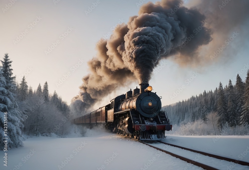 A beautiful Christmas train with a steam locomotive drives through a winter landscape - obrazy, fototapety, plakaty 