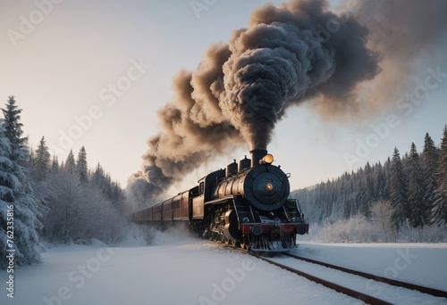 A beautiful Christmas train with a steam locomotive drives through a winter landscape