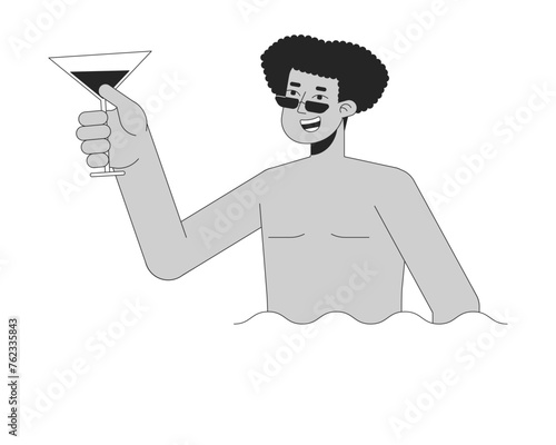 Man holding cocktail in pool black and white 2D line cartoon character. Hispanic male with glass in water isolated vector outline person. Poolside party fun monochromatic flat spot illustration