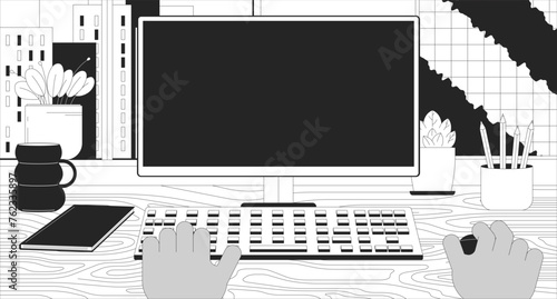 Black man working on computer 2D linear illustration concept. Blank screen monitor at workplace cartoon scene background. Office workspace with pc metaphor abstract flat vector outline graphic