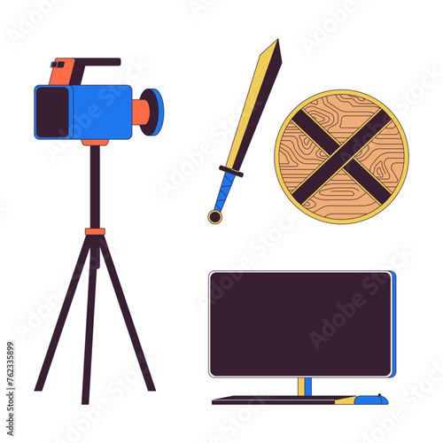 Action movie filming 2D linear cartoon objects set. Historical reconstruction shooting set isolated line vector elements white background. Filmmaking color flat spot illustration collection