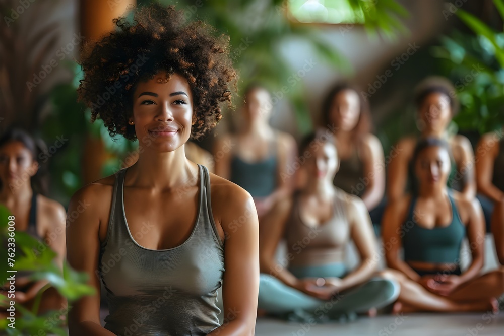 Diverse women gather in yoga class to practice stressrelieving techniques with instructor. Concept Yoga Class, Diverse Women, Stress-Relief Techniques, Instructor-led Practice