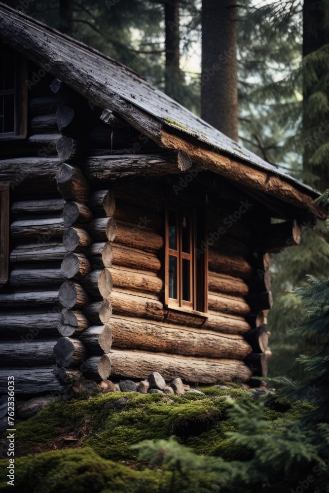 A peaceful log cabin surrounded by mossy forest floor. Ideal for nature-themed designs