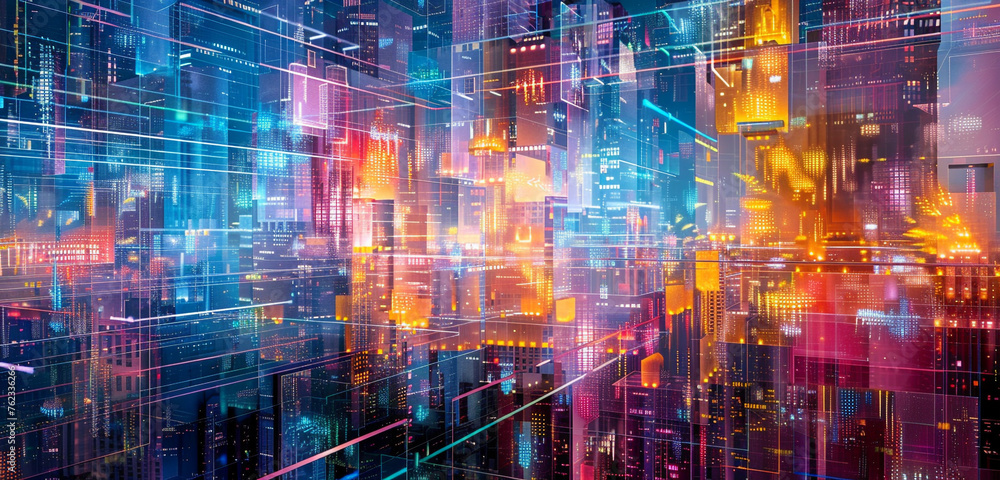Abstract cityscape with interconnected neon rectangles.