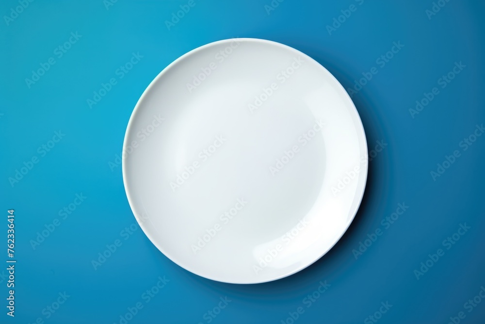 Simple white plate on a blue background. Perfect for food and kitchen-related designs Simple white plate on a blue background. Perfect for food and kitchen-related designs