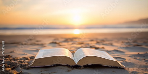 An open book on the beach with a setting sun in the background. photo