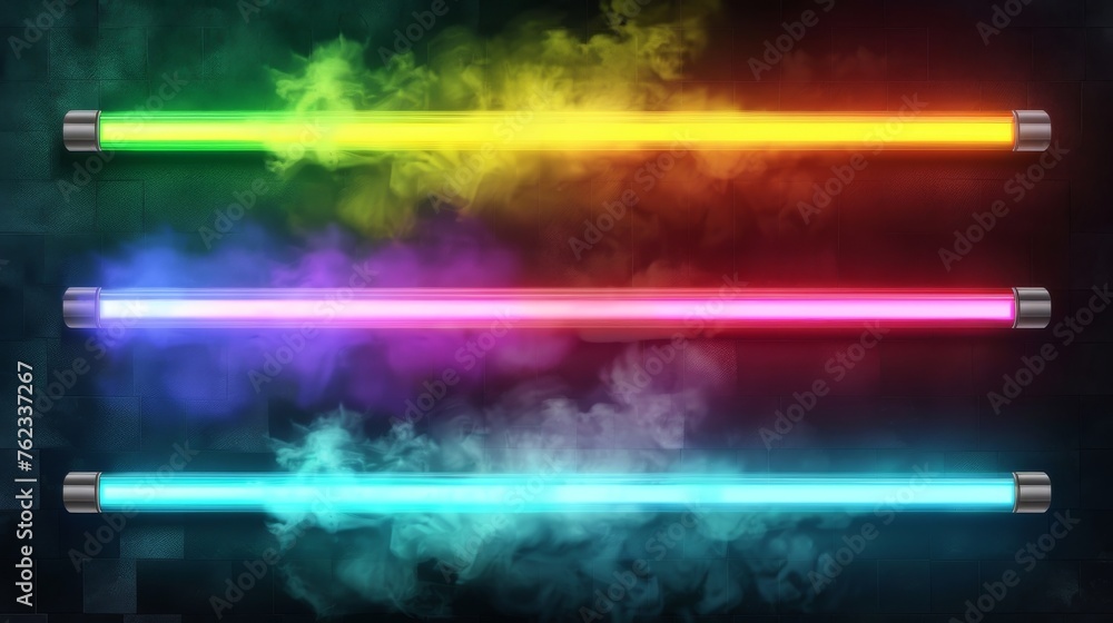 An illustration of neon tubes isolated on a transparent background. Nice illustration of neon tubes in various colors glistening in smoke, a nightclub design element and an ornament for a party.