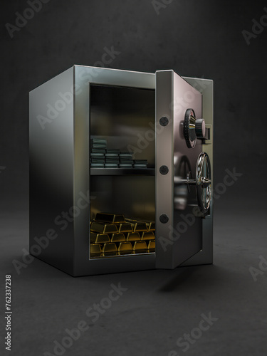 3D rendering of strongbox with gold bars and pile of US dollar banknotes