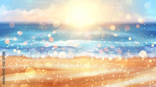 Background of a sandy island with sparkling particles. Blue waters, sunny sky, desert, beach background, illustration of a holiday resort ad banner on the horizon.