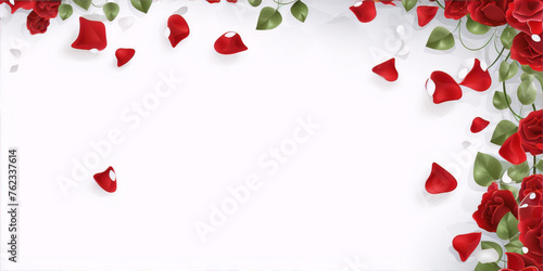 Red roses and petals on a white background, 3D illustration