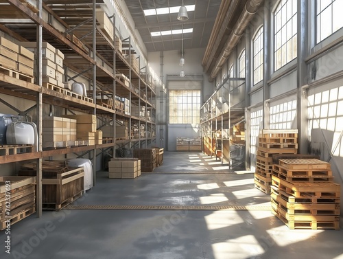 Light streams into an organized warehouse with shelves, boxes, and pallets. © cherezoff