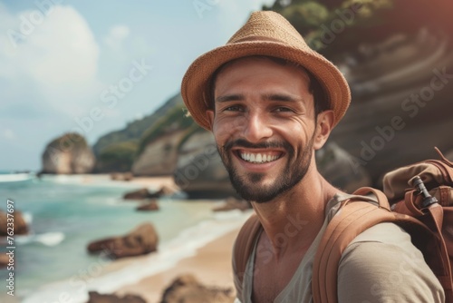 close-up shot of a good-looking male tourist. Enjoy free time outdoors near the sea on the beach. Looking at the camera while relaxing on a clear day Poses for travel selfies smiling happy tropical #762337697