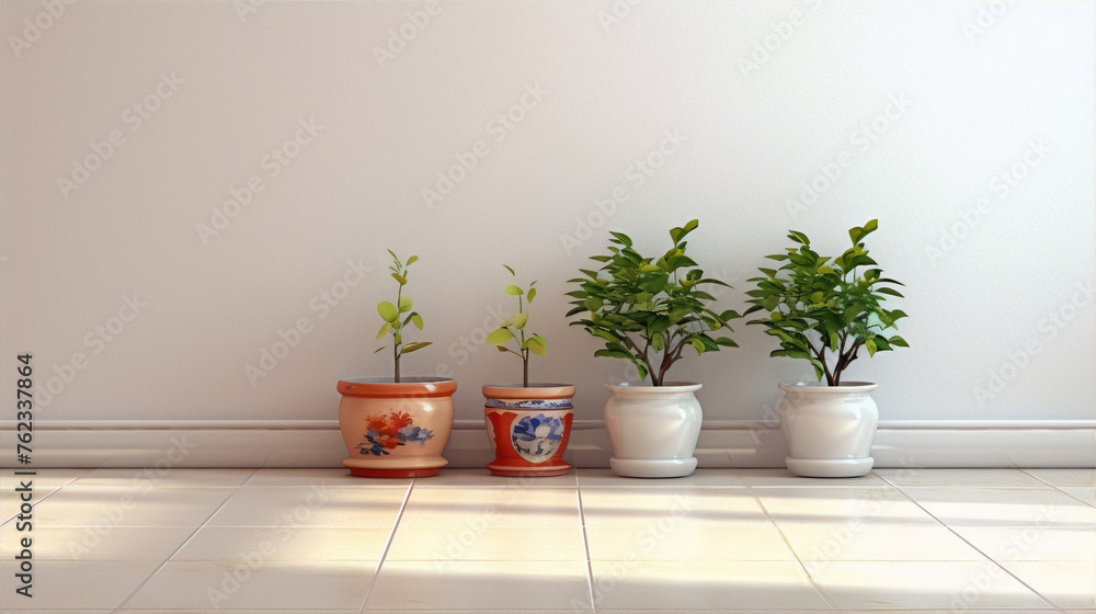 Fototapeta premium 3D rendering of three potted plants in front of a white wall with sunlight shining on the floor.