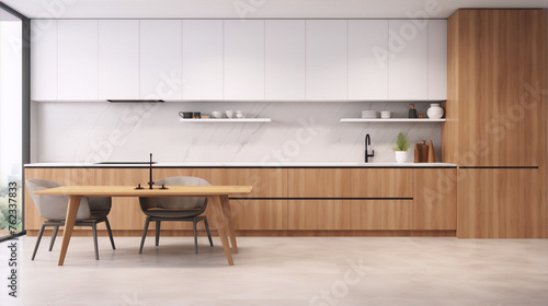 3D rendering of a modern kitchen interior with wood cabinets and white marble countertops in a minimalist style.