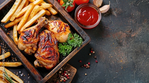 grilled chicken and fries on a tray, with a spacious section provided for text accompaniment.