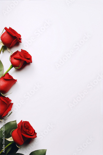 Five photo-realistic red roses on a white background