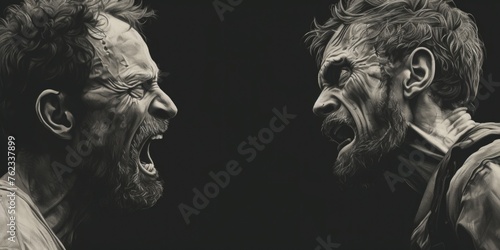 Two men with their mouths open, expressing strong emotions. Suitable for various concepts and themes