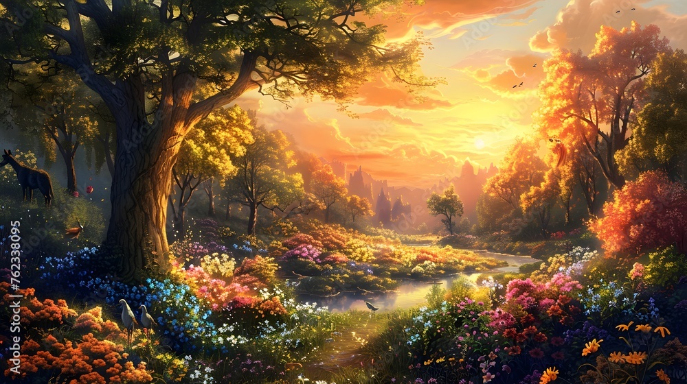 Enchanting Woodland Dreamscape Under a Radiant Sunset Sky