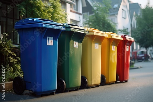 Row of colorful trash cans on the side of a road, suitable for environmental or urban themes