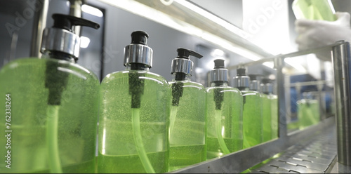 chemical liquid sanitiser gel fills in bottles aqueous soap hand wash detergent production line filling making process in a plastic transparent bottle manufacturing factory