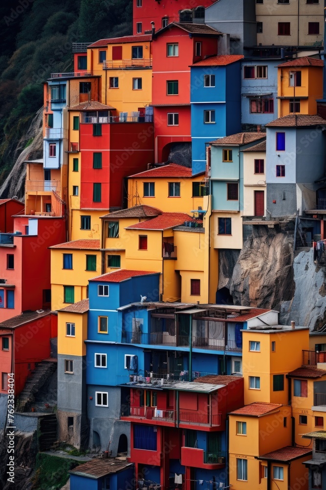 A picturesque view of colorful houses on a hillside. Ideal for real estate or travel concepts