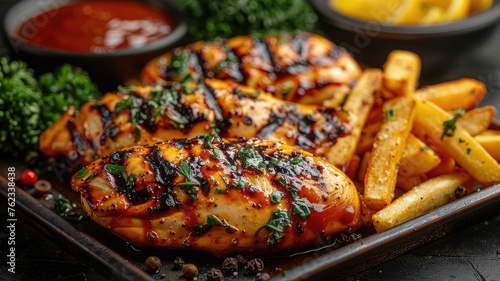 grilled chicken and fries on a tray  with a spacious section provided for text accompaniment.