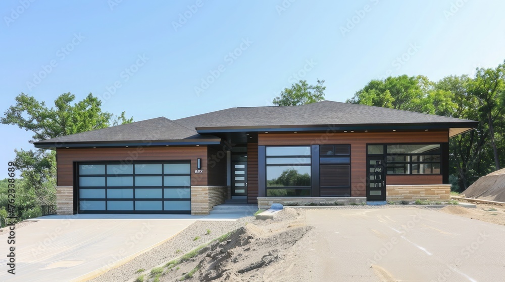 New construction home exterior with contemporary house plan features low slope roof, brown siding and glass garage door.