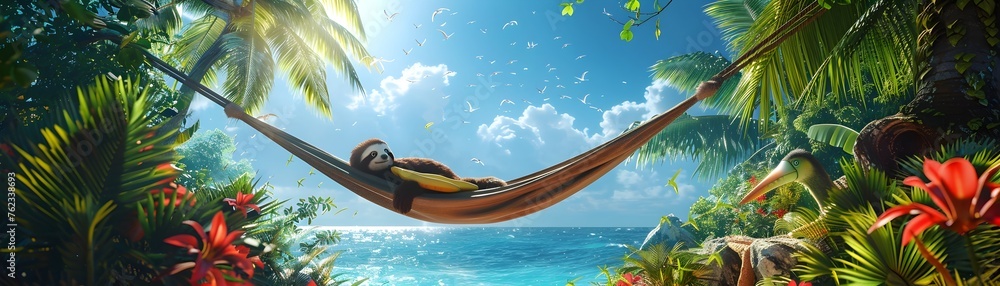 Tranquil Tropical Retreat: Sloths in Hammocks, Toucans Feasting in Lush Island Oasis - obrazy, fototapety, plakaty 