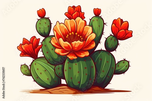 A cactus plant with vibrant orange flowers on a white background. Suitable for botanical illustrations or desert-themed designs