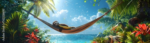 Tranquil Tropical Retreat: Sloths in Hammocks, Toucans Feasting in Lush Island Oasis